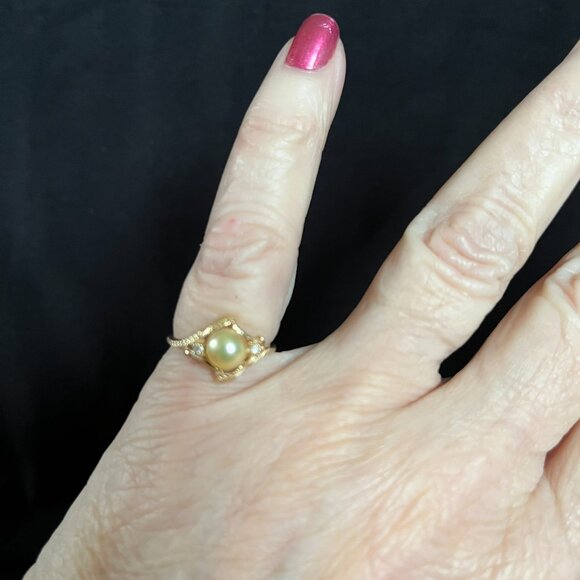 Vintage 1940's Japanese Akoya Golden Pearl & White Topaz 10K Gold Ring sz 5 - Picture 5 of 8
